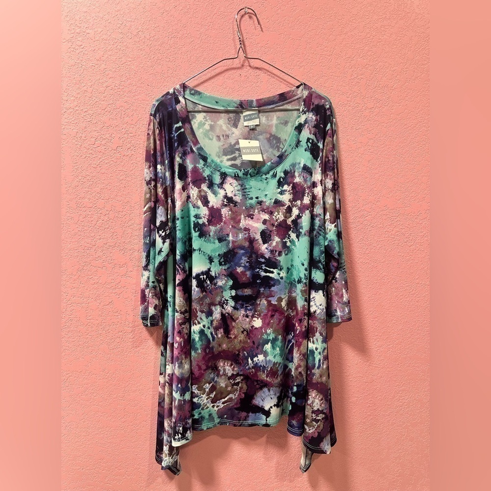 MERI SKYE Asymmetrical Aqua Mauve/Multi Tie Dye Blouse 3X NWT NC0368